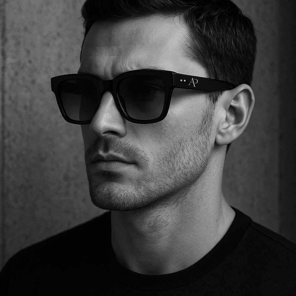 Man wearing VISION by AP Series 00 glossy black sunglasses