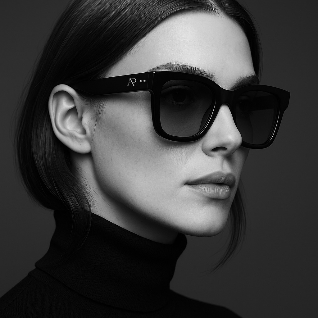 Woman wearing VISION by AP Series 00 glossy black sunglasses